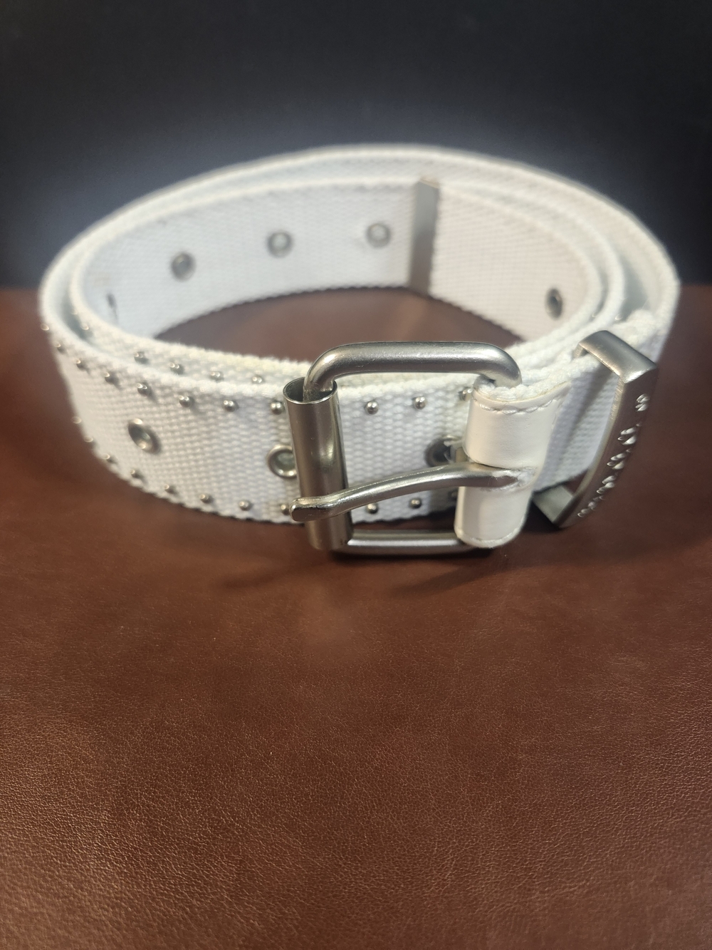 Mudd White Studded Canvas Belt with Silver Hardware
